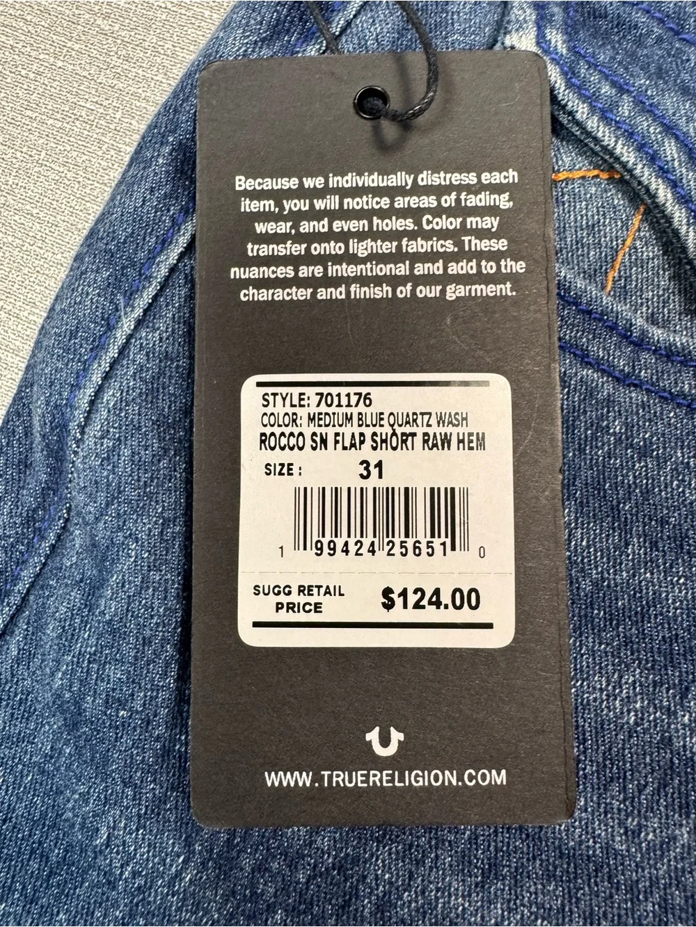 NWT New $124 True Religion Rocco Super T Flap Raw Hem Jean Shorts Size 31